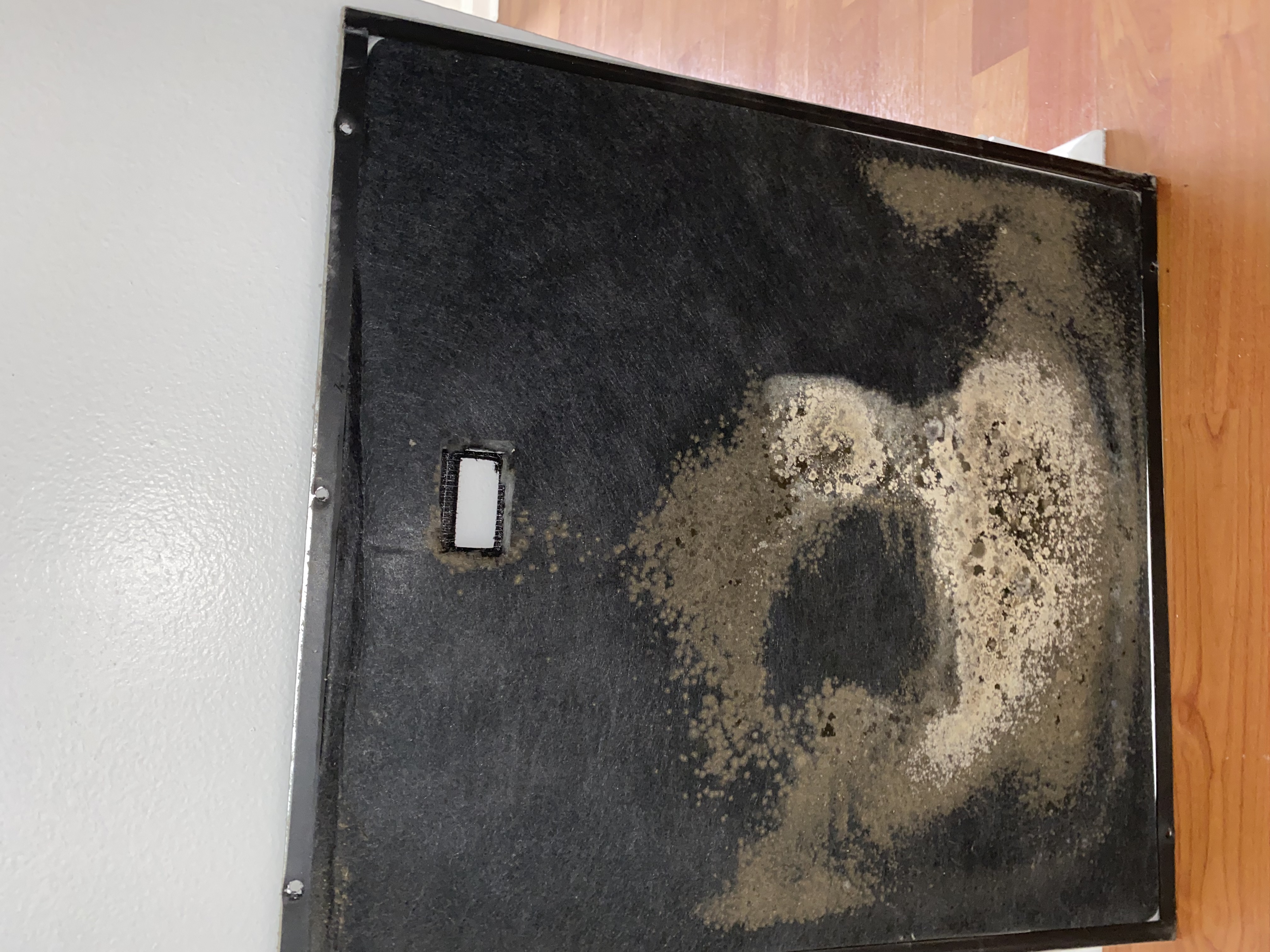 Access panel coated in dust and grime before service, East Naples